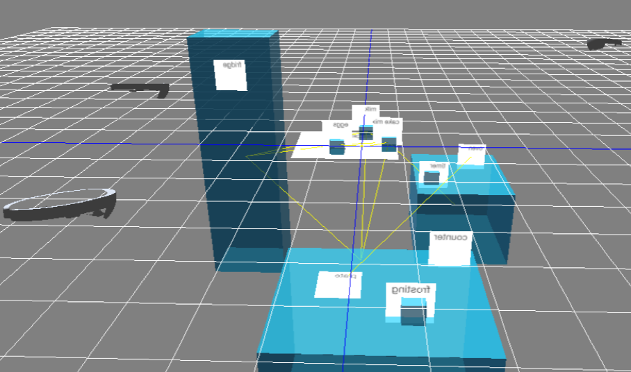 A screenshot of a 3D web application used to create an AR prototype of an interactive kitchen application. In the screenshot, there are three models of AR headsets, which represent people walking around and reviewing the application. The location of the models updates in real time as people move around.